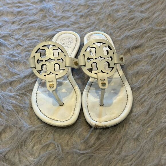 Tory Burch Shoes - Tory Burch women’s white miller leather logo sandals size‎ 4